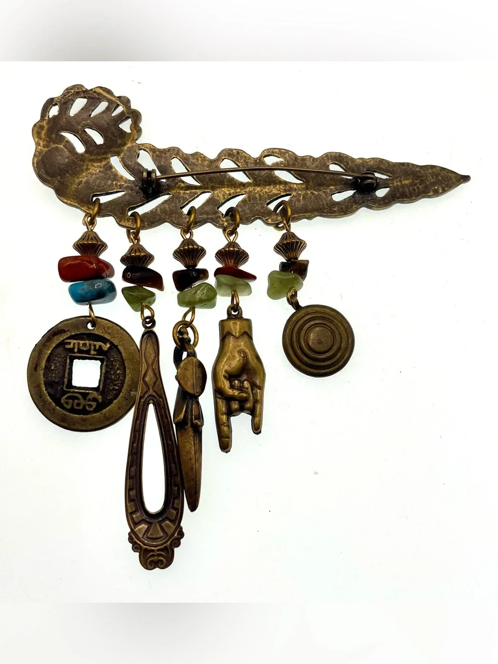 Vintage Upcycled Brass Feather Brooch Genuine Gemstone Dangles Asian Inspired